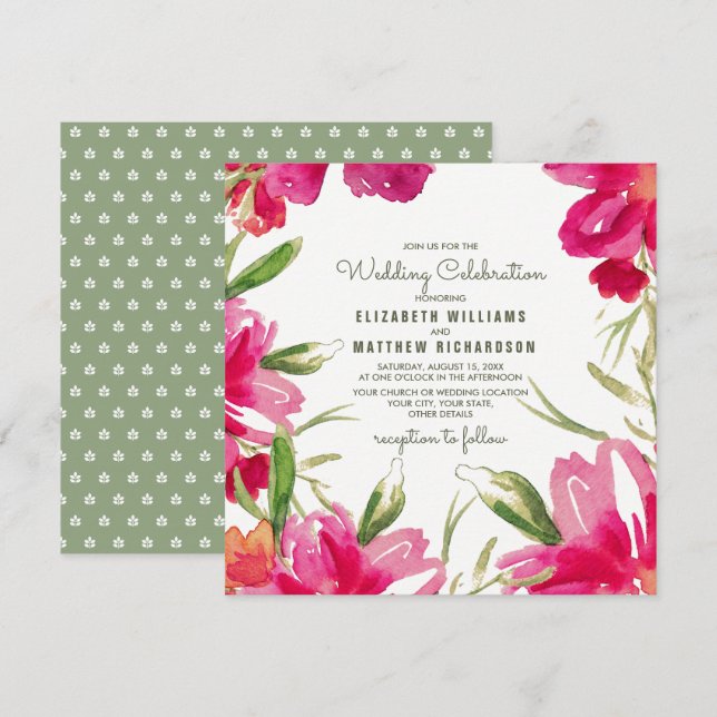 Romantic Fuchsia Green Floral Wedding Invitation (Front/Back)