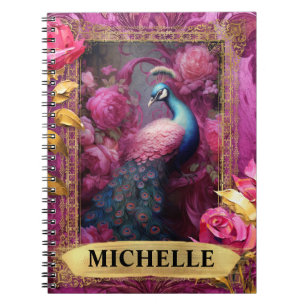 Romantic Fuchsia Peacock and Roses Fantasy Notebook