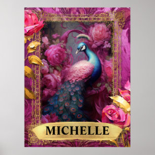 Romantic Fuchsia Peacock and Roses Fantasy Poster