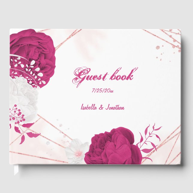 romantic fuchsia white flowers botanical wedding guest book (Front)