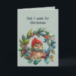 Romantic Fun Owl I want for Christmas is YOU Card<br><div class="desc">Romantic Fun Owl I want for Christmas is YOU under the Mistletoe</div>