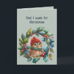 Romantic Fun Owl I want for Christmas is YOU Card<br><div class="desc">Romantic Fun Owl I want for Christmas is YOU under the Mistletoe</div>