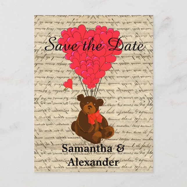 Romantic funny teddy bear save the date announcement postcard (Front)