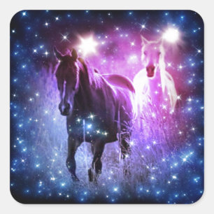 Romantic Galaxy blue purple stars Galloping Horses Square Sticker