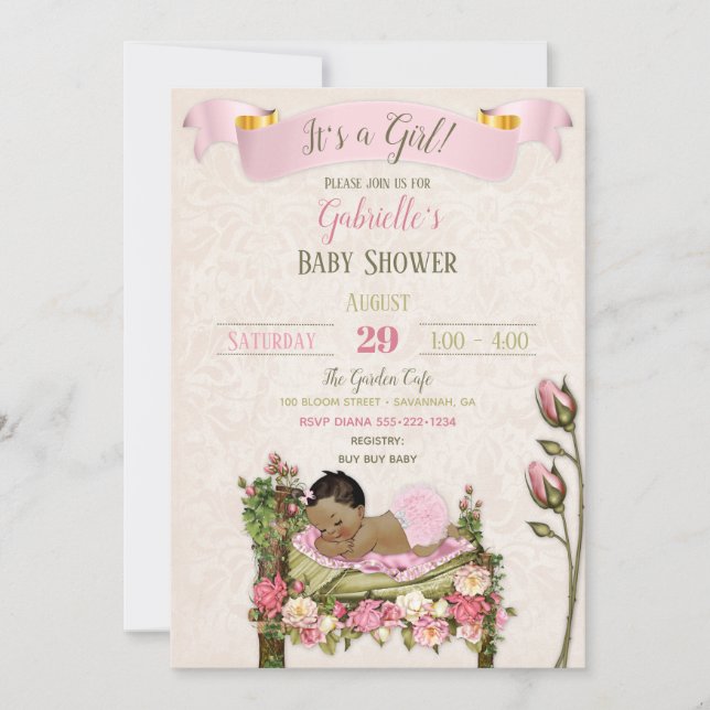 Romantic Garden Baby Shower Pink Green Roses Invitation (Front)