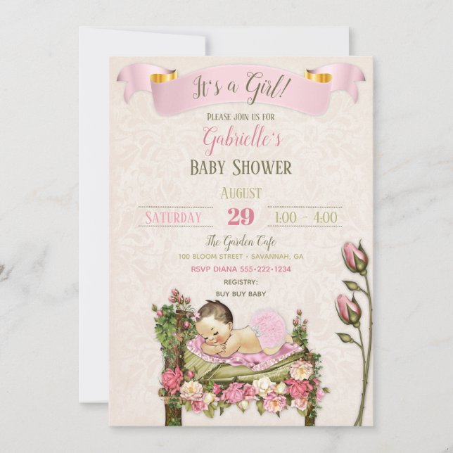 Romantic Garden Baby Shower Pink Green Roses Invitation (Front)