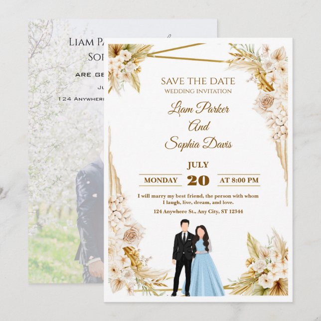 Romantic Garden Blush Floral Wedding Invitation (Front/Back)