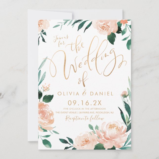 Romantic garden calligraphy peach floral wedding invitation (Front)