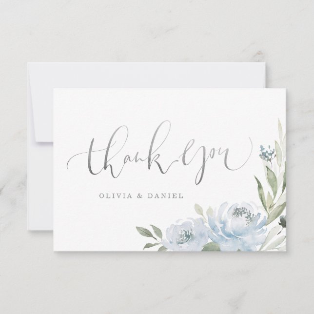 Romantic garden dusty blue floral calligraphy thank you card (Front)