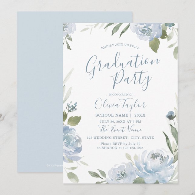 Romantic garden dusty blue floral graduation party invitation (Front/Back)