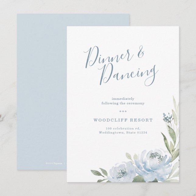 Romantic garden dusty blue floral reception invitation (Front/Back)