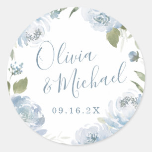 Romantic garden dusty blue floral wedding classic round sticker