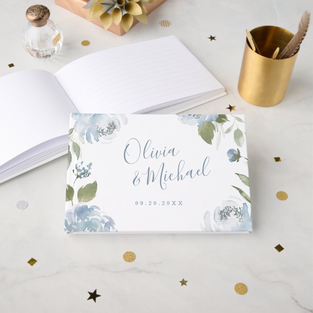 Romantic garden dusty blue floral wedding guest book (Front Open)