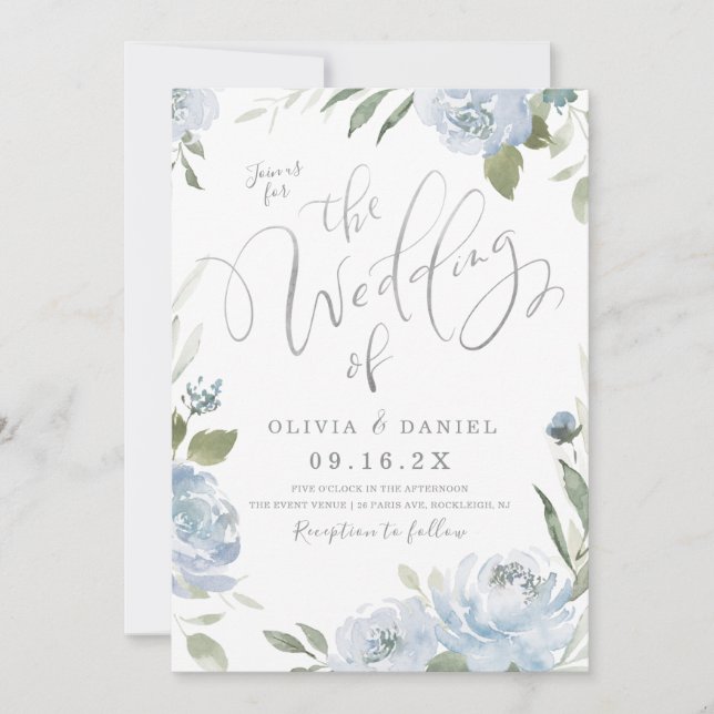 Romantic garden dusty blue floral wedding invitation (Front)