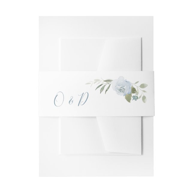 Romantic garden dusty blue floral wedding monogram invitation belly band (Front Example)