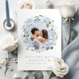 Romantic garden dusty blue floral wedding photo save the date