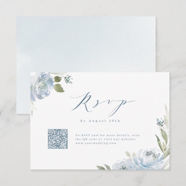 Romantic garden dusty blue floral wedding QR code RSVP Card (Front/Back)
