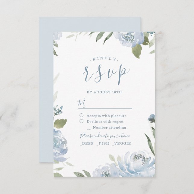 Romantic garden dusty blue floral wedding RSVP (Front/Back)