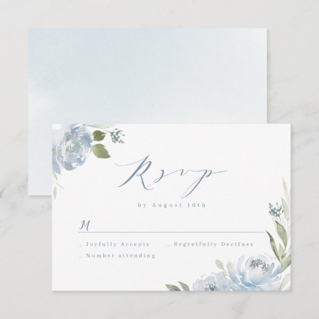 Romantic garden dusty blue floral wedding RSVP car (Front/Back)