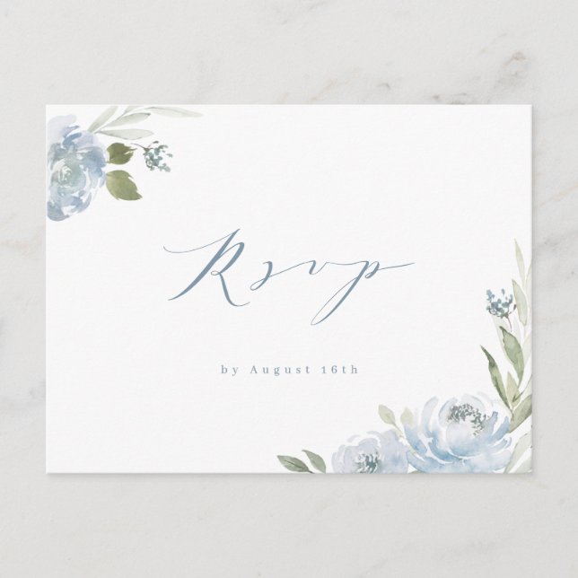 Romantic garden dusty blue floral wedding RSVP Postcard (Front)