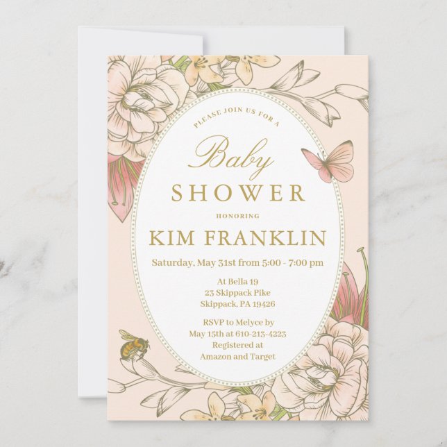 Romantic Garden Floral Baby Bee Girl Shower Invitation (Front)