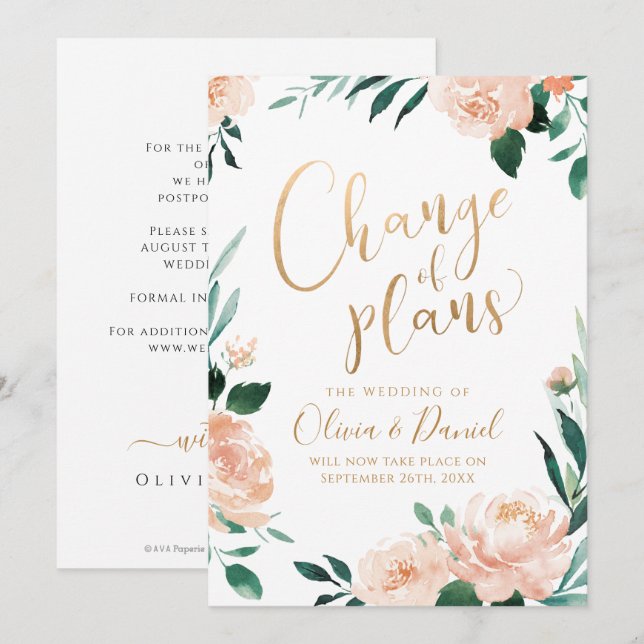 Romantic garden floral calligraphy change of plans invitation (Front/Back)