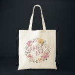 Romantic garden floral mother of the bride tote bag<br><div class="desc">Modern mother of the bride script with watercolor floral wreath in muted pastel yellow,  peach and mauve,  elegant and romantic,   great personalised bridal party gifts for mother of the bride.</div>
