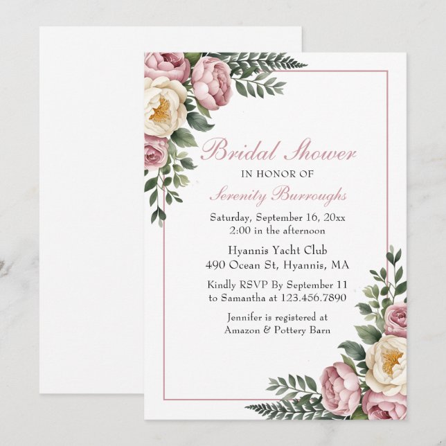 Romantic Garden Floral Peony & Rose  Bridal Shower Invitation (Front/Back)
