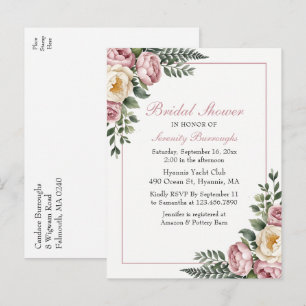 Romantic Garden Floral Peony & Rose Bridal Shower Invitation Postcard