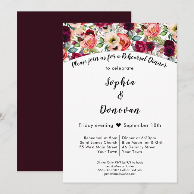 Romantic Garden Floral Rehearsal Dinner Invitation (Front/Back)