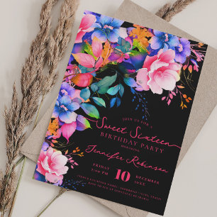 Romantic Garden Floral Sweet 16 Birthday Black Invitation