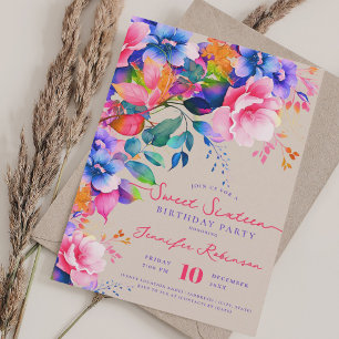 Romantic Garden Floral Sweet 16 Birthday Champagne Invitation
