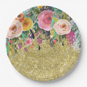 Romantic Garden Floral Watercolor Gold Sparkle Paper Plate
