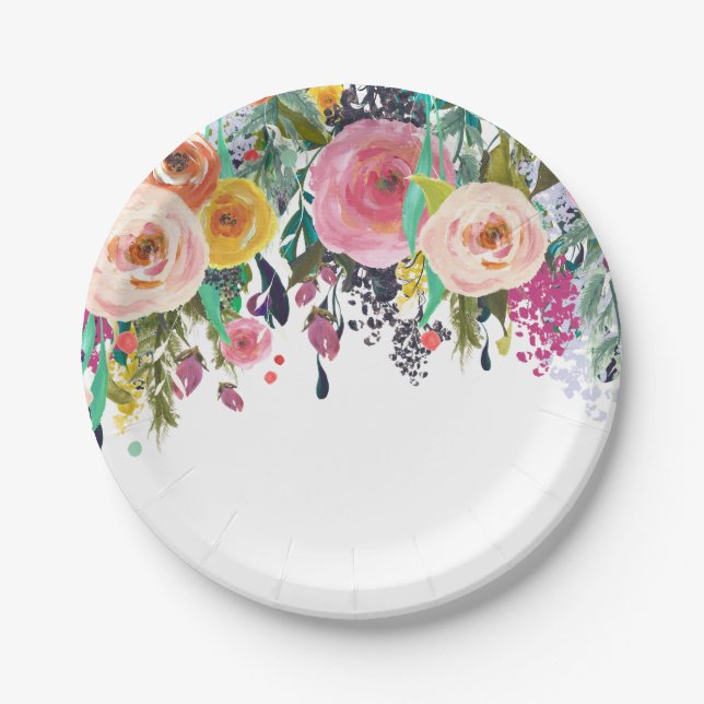 Romantic Garden Floral Watercolor Paper Plate (Front)