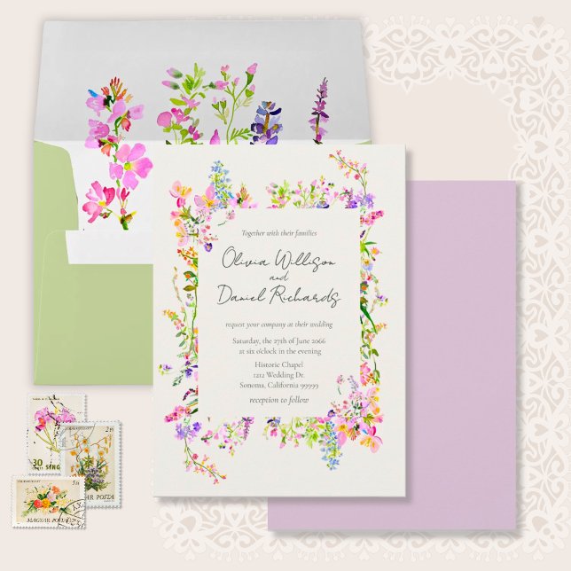 Romantic Garden Floral Wedding  Invitation (Garden Wildflowers Watercolor Wedding Invitation Suite.)