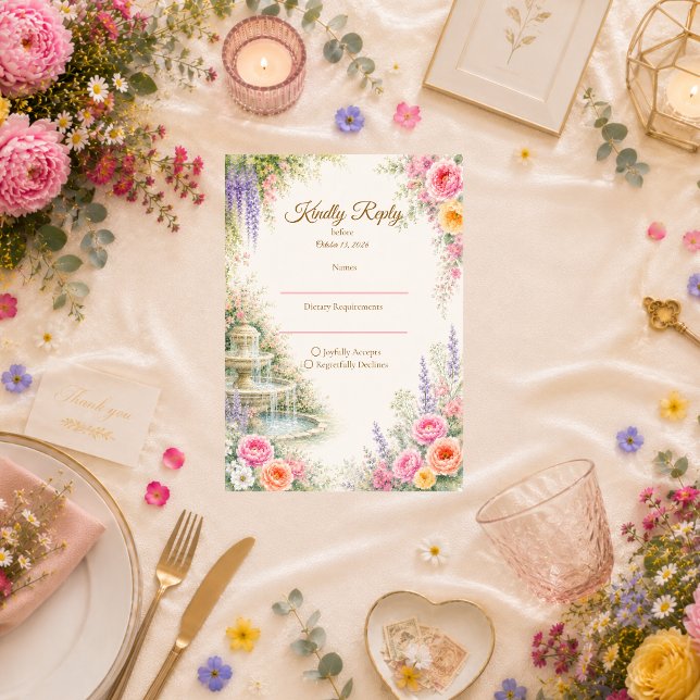 Romantic Garden Fountain Bloom Wedding RSVP Card (Creator Uploaded)