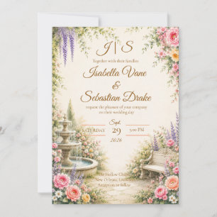 Romantic Garden Fountain Elegance Wedding Invitation