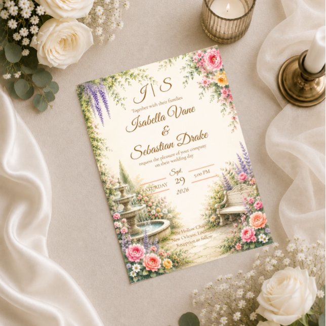 Romantic Garden Fountain Elegance Wedding  Invitation (Creator Uploaded)