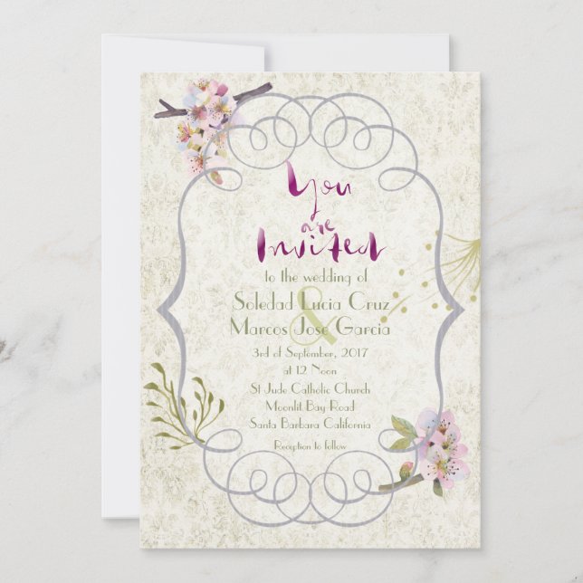 Romantic Garden Magenta Fancy Wedding Invitation (Front)