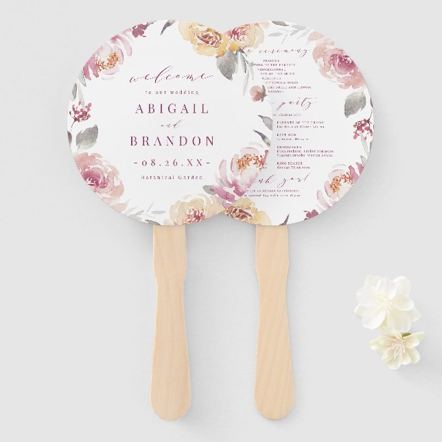 Romantic garden mauve floral wedding program hand fan (Front and Back)