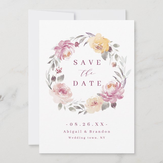 Romantic garden mauve floral wedding save the date (Front)