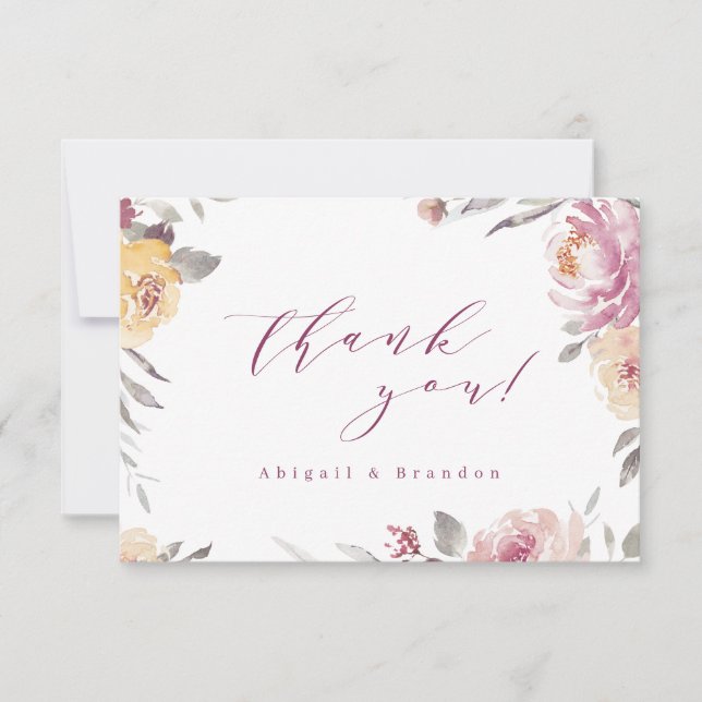 Romantic garden mauve  floral wedding thank you card (Front)