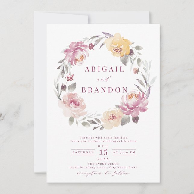 Romantic garden mauve watercolor floral wedding in invitation (Front)