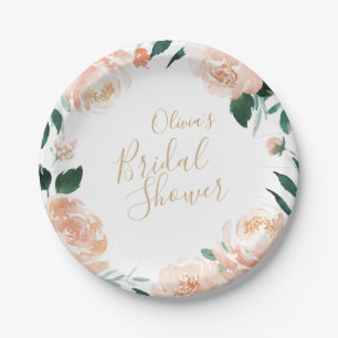 Romantic garden peach floral bridal shower paper plate