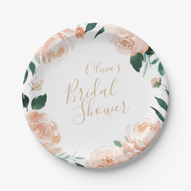 Romantic garden peach floral bridal shower paper plate (Front)