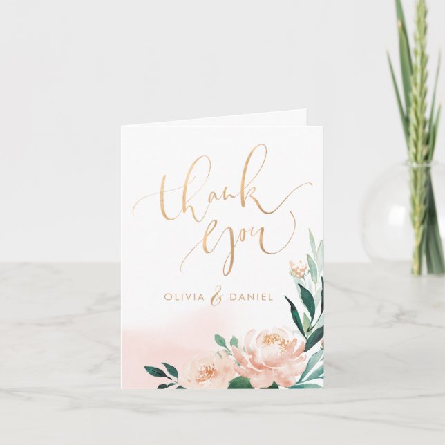 Romantic garden peach floral calligraphy thank you (Front)