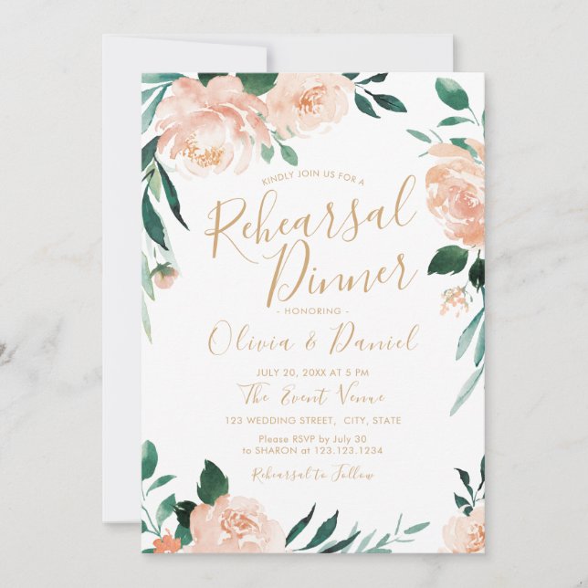 Romantic garden peach floral rehearsal dinner invitation (Front)