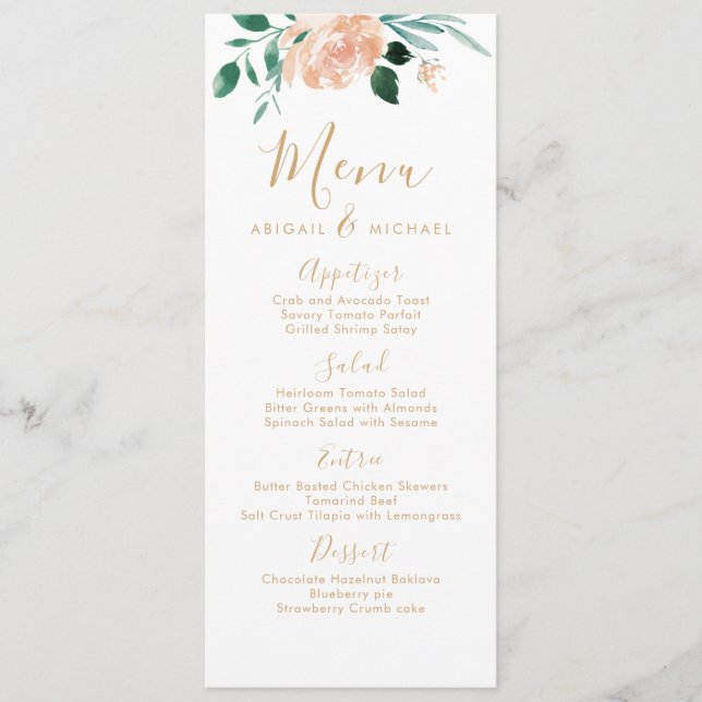 Romantic garden peach floral wedding menu (Front)