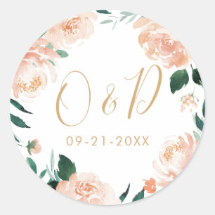 Romantic garden peach floral wedding monogram classic round sticker
