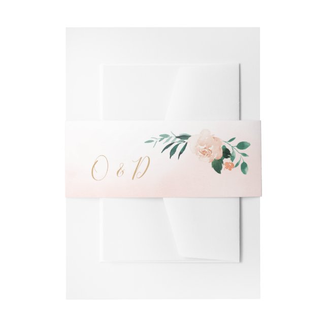 Romantic garden peach floral wedding monogram invitation belly band (Front Example)